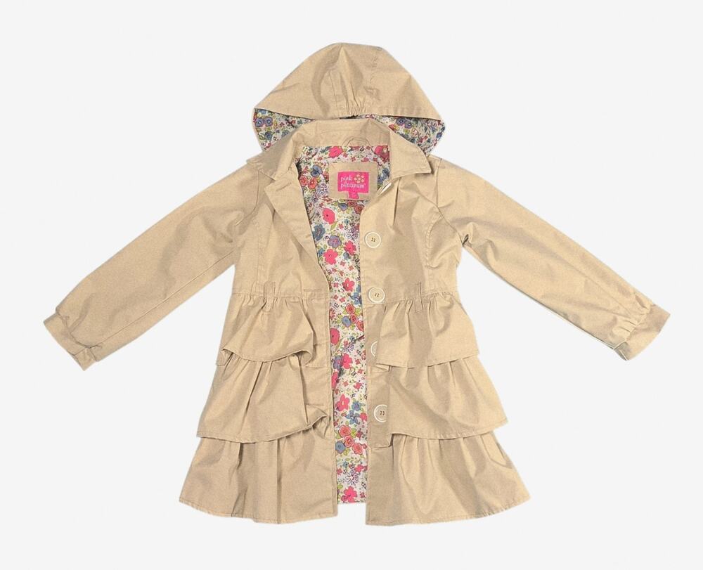 Pink Platinum Girls Size 5/6 Khaki Trench Coat Three Distinct Tiers of Ruffles